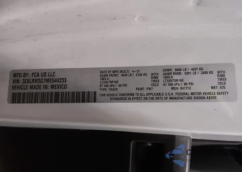 2021 Ram Promaster 2500 High Roof 159 Wb z USA, uszkodzony, nr VIN 3C6LRVDG7ME544233